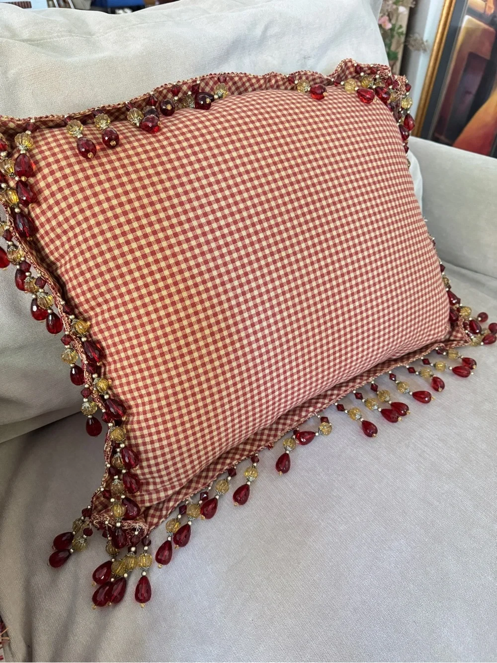 French Country Cottage Red Ivory English Toile Check Tassels Beaded Foam Pillow